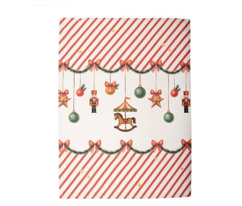 Torchon beige rayures rouges guirlande casse-noisette carrousel boules Noël 50x70cm