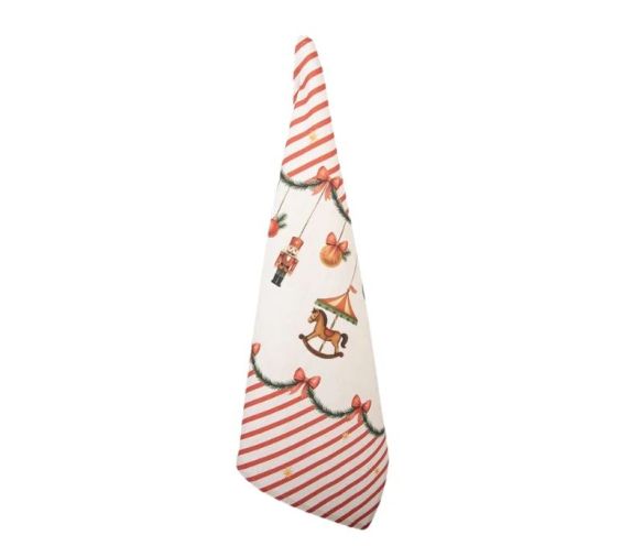 Torchon beige rayures rouges guirlande casse-noisette carrousel boules Noël 50x70cm