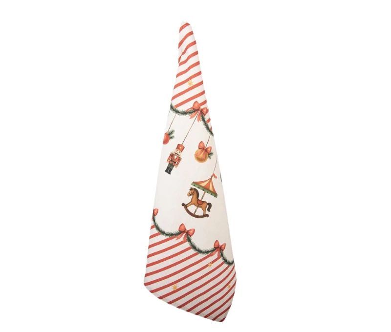 Torchon beige rayures rouges guirlande casse-noisette carrousel boules Noël 50x70cm