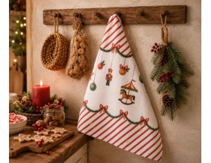 Torchon beige rayures rouges guirlande casse-noisette carrousel boules Noël 50x70cm