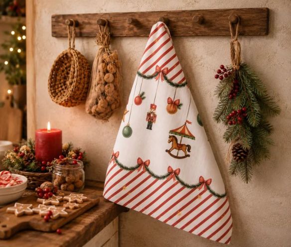 Torchon beige rayures rouges guirlande casse-noisette carrousel boules Noël 50x70cm