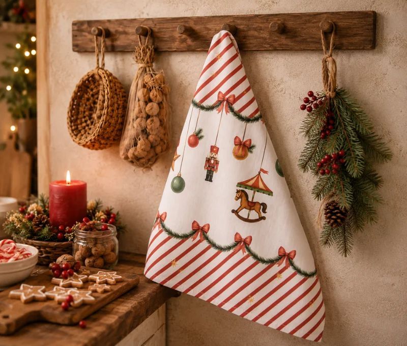 Torchon beige rayures rouges guirlande casse-noisette carrousel boules Noël 50x70cm