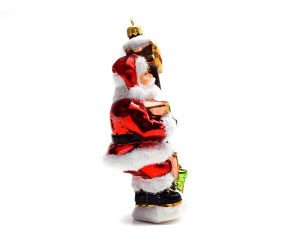 Suspension verre soufflé Père Noël rouge blanc tient panneau directionnel House cadeau vert H18cm