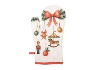 Manique beige matelassée nœud rouge sapin casse-noisette carrousel boules Noël 18x30cm