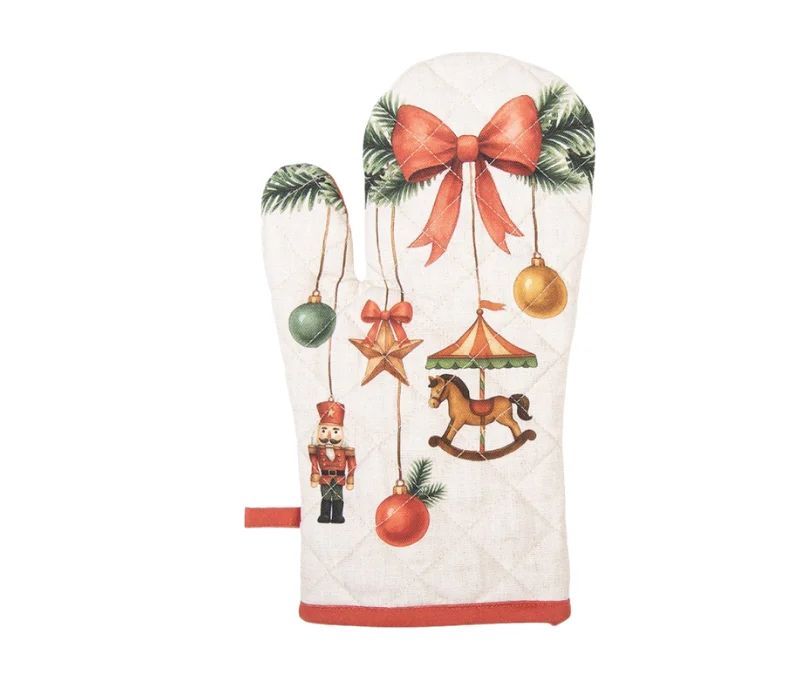 Manique beige matelassée nœud rouge sapin casse-noisette carrousel boules Noël 18x30cm