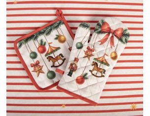 Manique beige matelassée nœud rouge sapin casse-noisette carrousel boules Noël 18x30cm