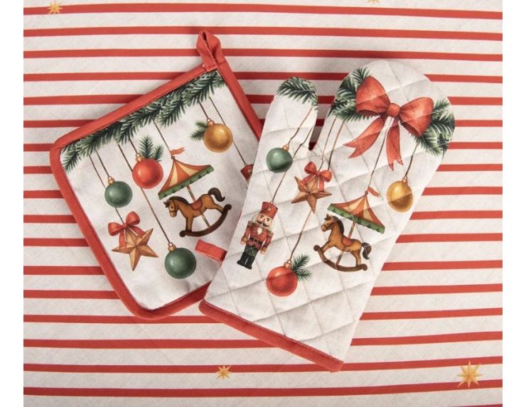 Manique beige matelassée nœud rouge sapin casse-noisette carrousel boules Noël 18x30cm