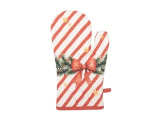 Manique beige matelassée nœud rouge sapin casse-noisette carrousel boules Noël 18x30cm