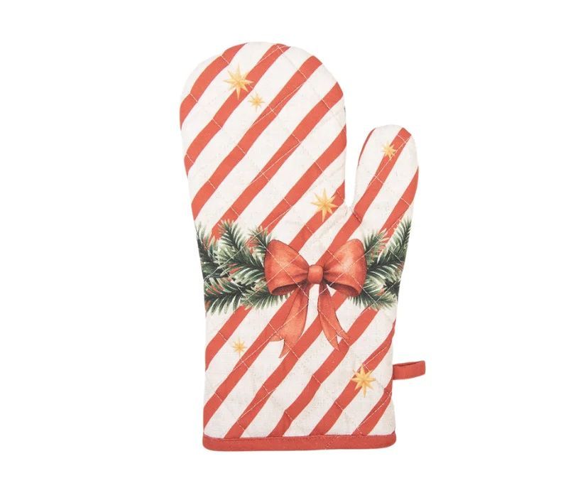 Manique beige matelassée nœud rouge sapin casse-noisette carrousel boules Noël 18x30cm