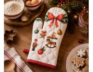 Manique beige matelassée nœud rouge sapin casse-noisette carrousel boules Noël 18x30cm