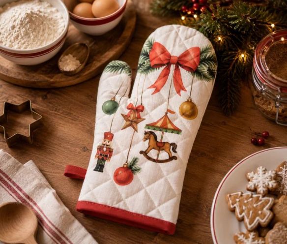 Manique beige matelassée nœud rouge sapin casse-noisette carrousel boules Noël 18x30cm