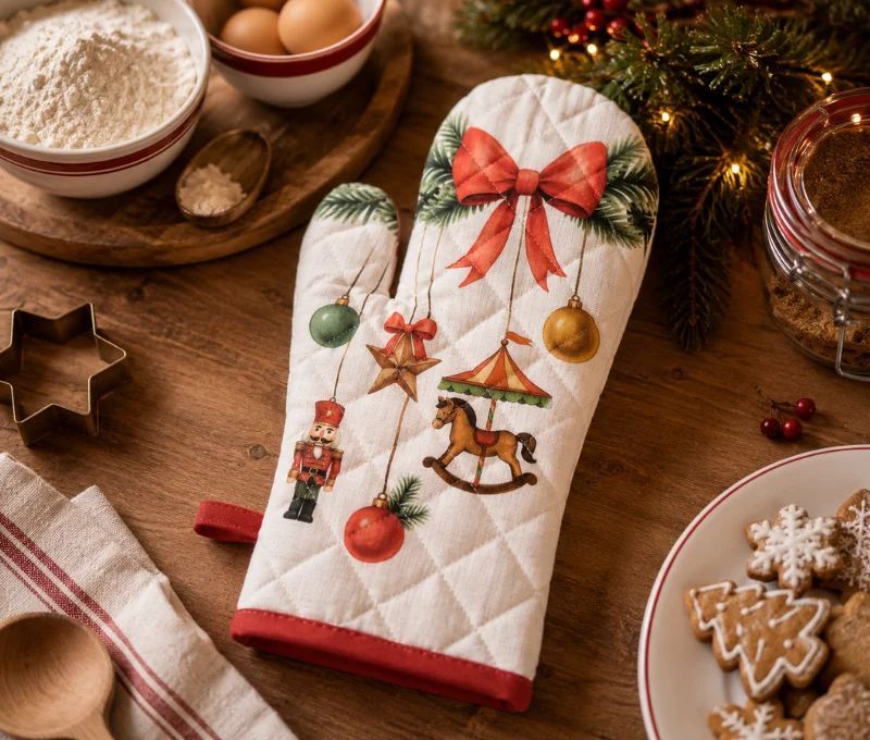 Manique beige matelassée nœud rouge sapin casse-noisette carrousel boules Noël 18x30cm