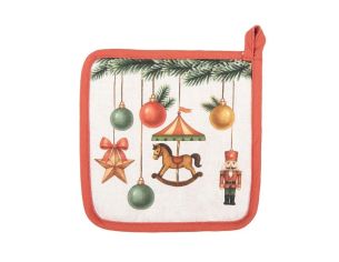 Manique carrée beige liseré rouge sapin casse-noisette carrousel boules Noël 20x20cm