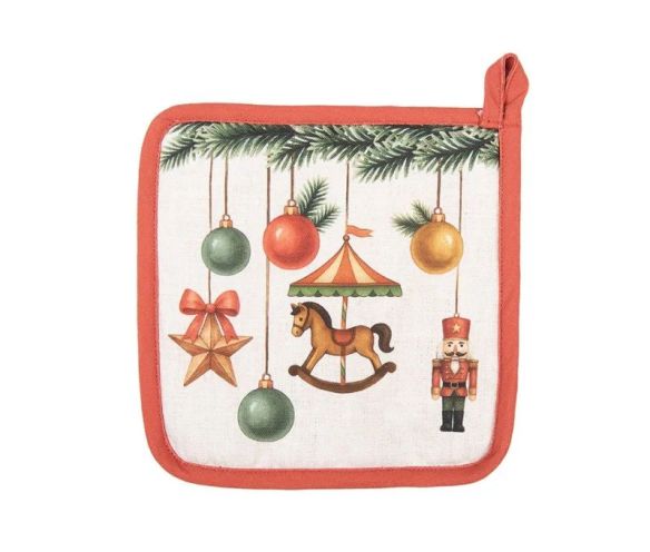 Manique carrée beige liseré rouge sapin casse-noisette carrousel boules Noël 20x20cm