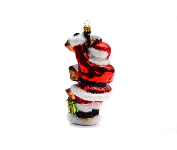 Suspension verre soufflé Père Noël rouge blanc tient panneau directionnel House cadeau vert H18cm
