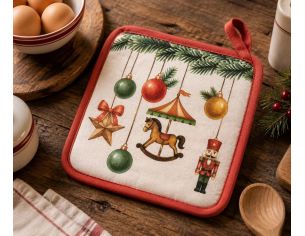 Manique carrée beige liseré rouge sapin casse-noisette carrousel boules Noël 20x20cm