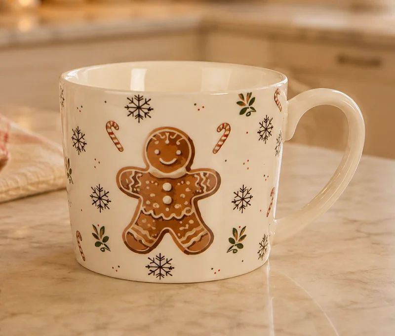 Mug blanc porcelaine bonhomme pain d'épices flocons sucres d'orge houx 275ml