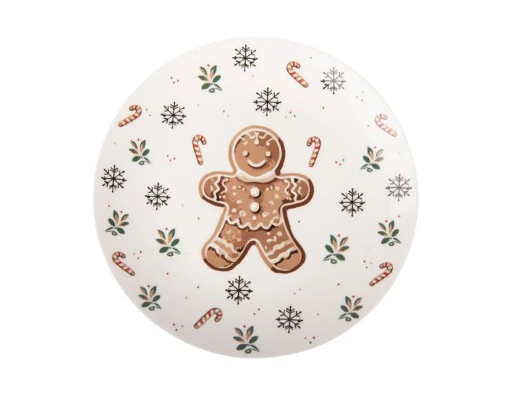 Assiette blanche porcelaine décor pain d'épices flocons sucres d'orge houx Ø20cm
