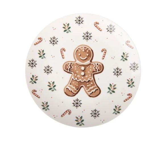 Assiette blanche porcelaine décor pain d'épices flocons sucres d'orge houx Ø20cm