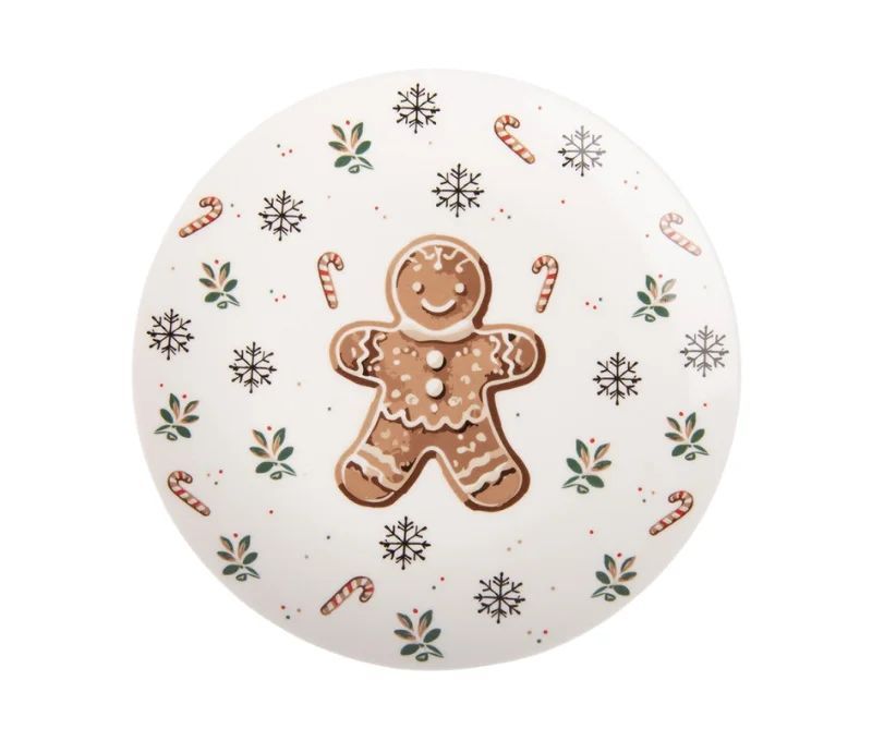 Assiette blanche porcelaine décor pain d'épices flocons sucres d'orge houx Ø20cm