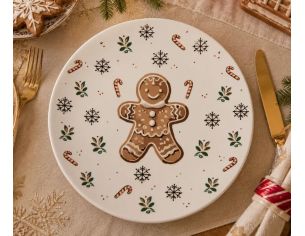 Assiette blanche porcelaine décor pain d'épices flocons sucres d'orge houx Ø20cm