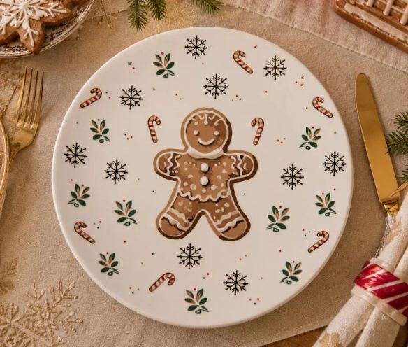 Assiette blanche porcelaine décor pain d'épices flocons sucres d'orge houx Ø20cm
