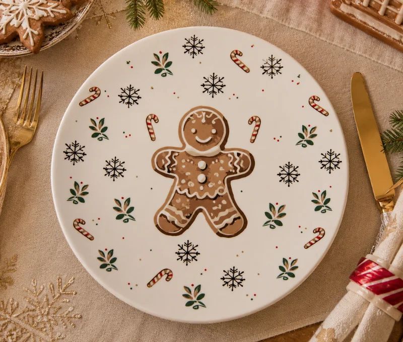 Assiette blanche porcelaine décor pain d'épices flocons sucres d'orge houx Ø20cm