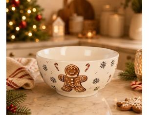 Bol blanc porcelaine décor pain d'épices flocons sucres d'orge Ø14cm