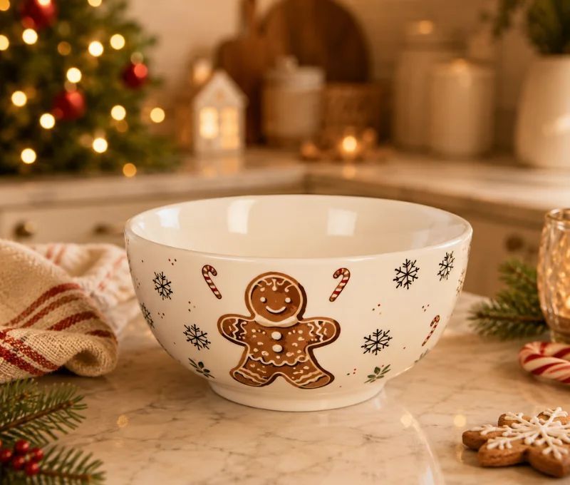 Bol blanc porcelaine décor pain d'épices flocons sucres d'orge Ø14cm