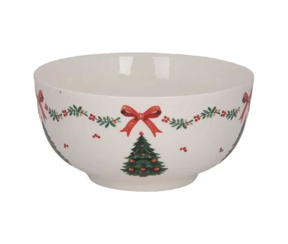 Bol blanc céramique sapin de Noël nœud rouge frise houx Ø14cm