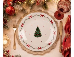 Assiette blanche porcelaine sapin de Noël houx nœuds rouges Ø20cm