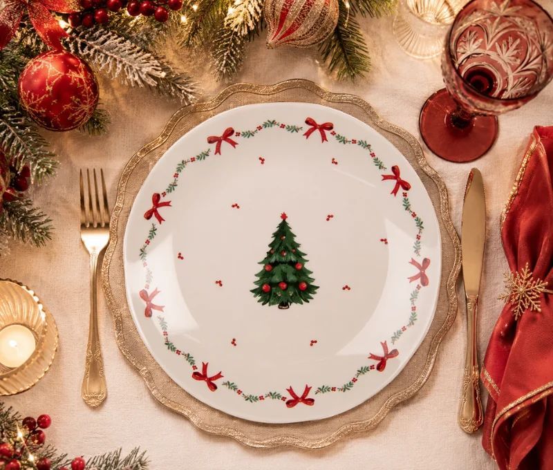 Assiette blanche porcelaine sapin de Noël houx nœuds rouges Ø20cm