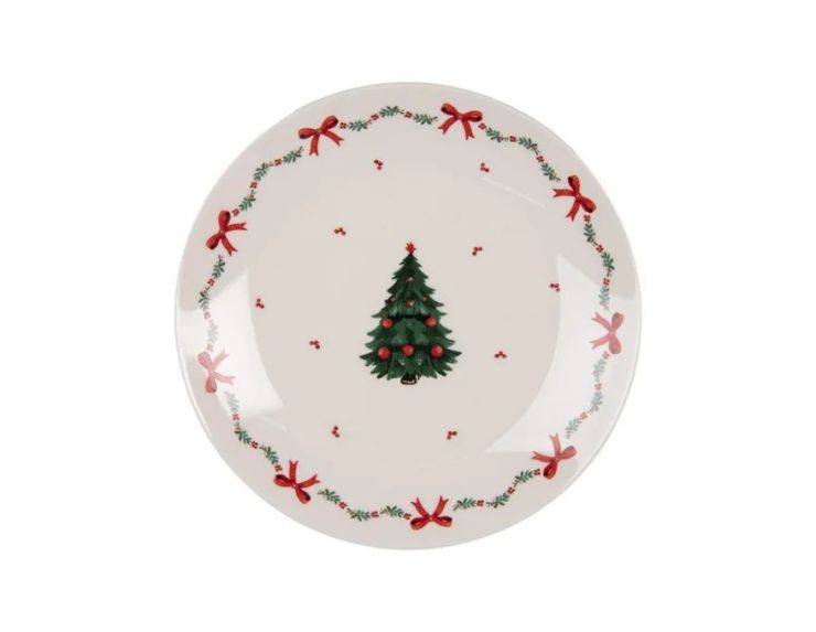 Assiette blanche porcelaine sapin de Noël houx nœuds rouges Ø20cm