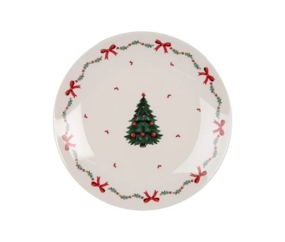 Assiette blanche porcelaine sapin de Noël houx nœuds rouges Ø20cm