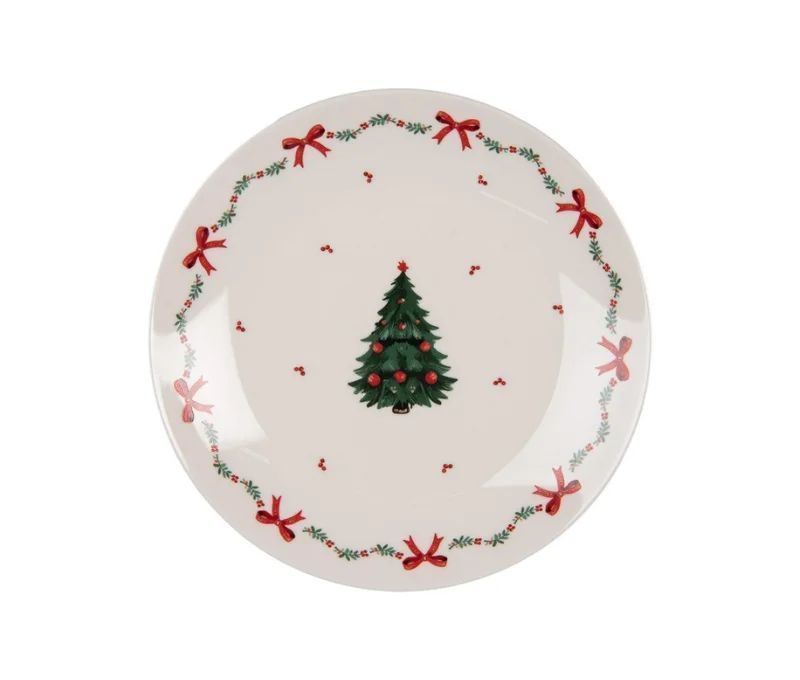 Assiette blanche porcelaine sapin de Noël houx nœuds rouges Ø20cm