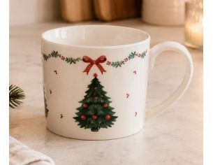 Mug blanc porcelaine sapin de Noël nœud rouge frise houx 275ml