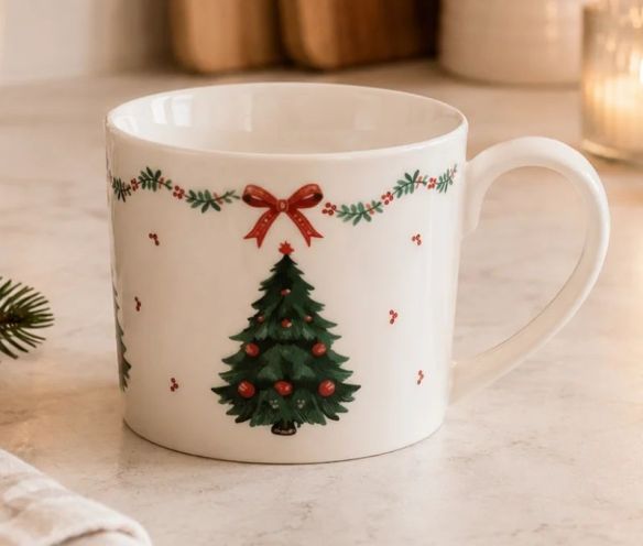 Mug blanc porcelaine sapin de Noël nœud rouge frise houx 275ml