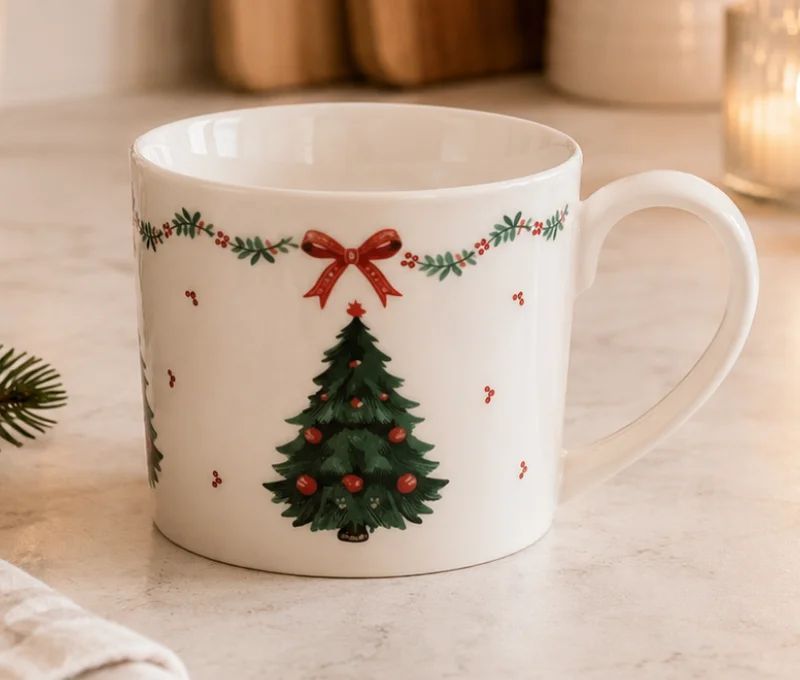 Mug blanc porcelaine sapin de Noël nœud rouge frise houx 275ml
