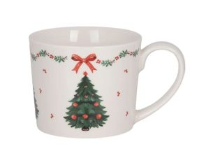 Mug blanc porcelaine sapin de Noël nœud rouge frise houx 275ml