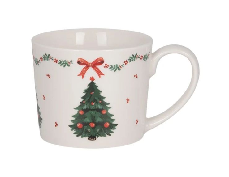 Mug blanc porcelaine sapin de Noël nœud rouge frise houx 275ml