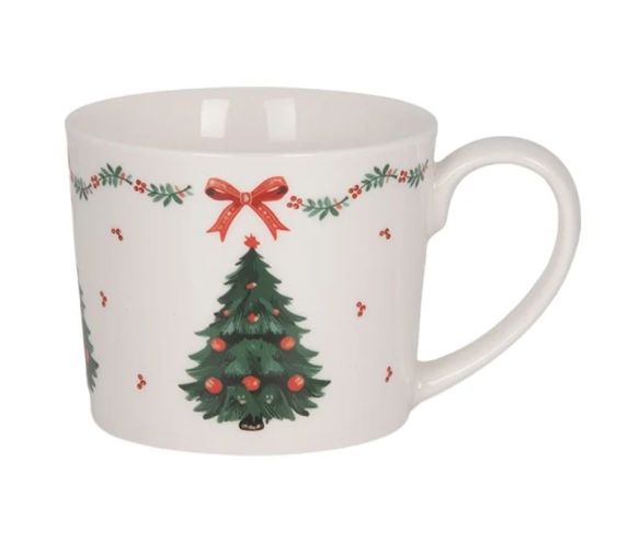 Mug blanc porcelaine sapin de Noël nœud rouge frise houx 275ml