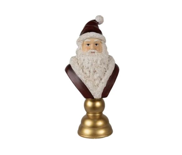 Buste Père Noël bonnet rouge barbe blanche socle doré polyrésine H40cm