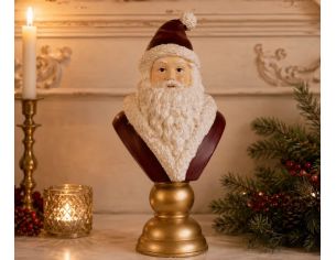 Buste Père Noël bonnet rouge barbe blanche socle doré polyrésine H40cm