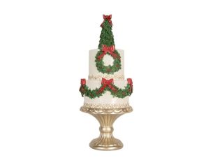 Gâteau décoratif blanc sapin vert couronnes houx nœuds rouges Ø17cm H42cm