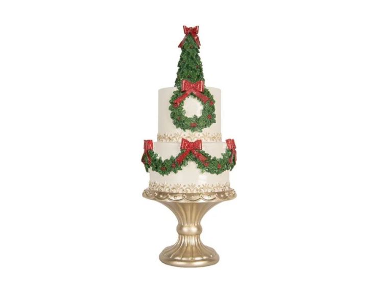 Gâteau décoratif blanc sapin vert couronnes houx nœuds rouges Ø17cm H42cm