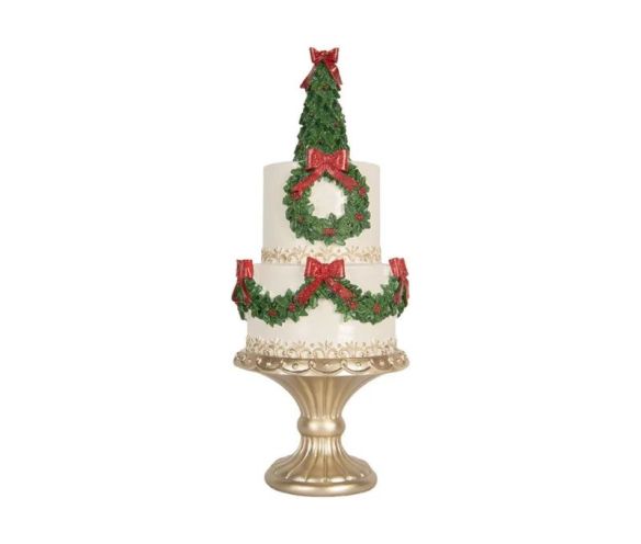 Gâteau décoratif blanc sapin vert couronnes houx nœuds rouges Ø17cm H42cm