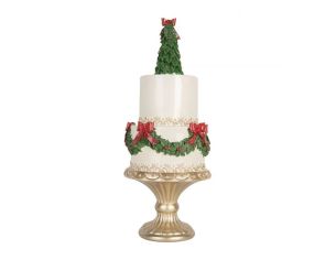 Gâteau décoratif blanc sapin vert couronnes houx nœuds rouges Ø17cm H42cm