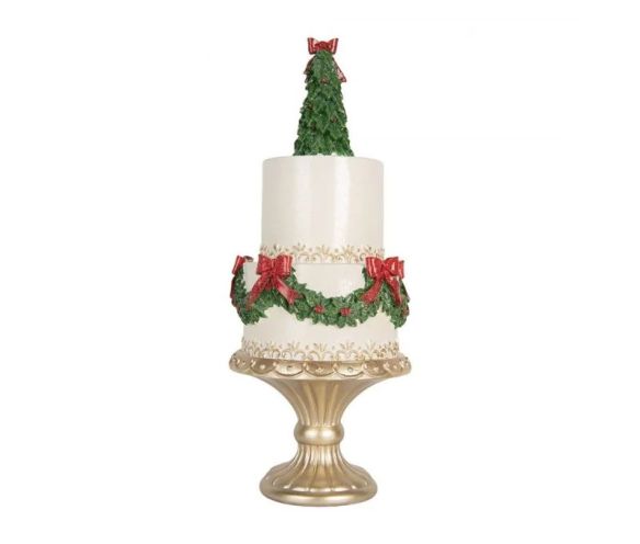 Gâteau décoratif blanc sapin vert couronnes houx nœuds rouges Ø17cm H42cm