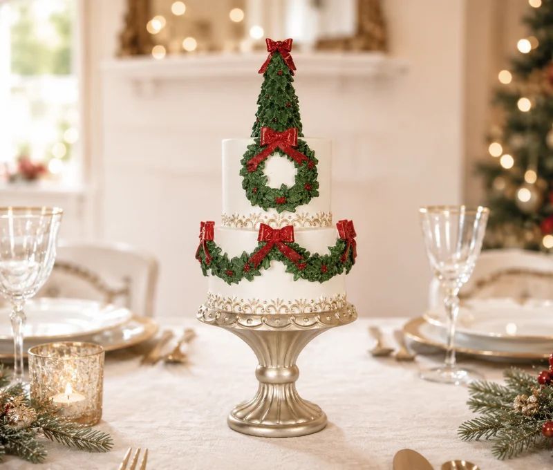 Gâteau décoratif blanc sapin vert couronnes houx nœuds rouges Ø17cm H42cm