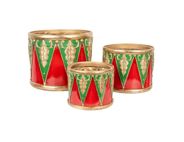 Décoration Noël tambour rouge vert doré motifs losanges lot de 3 tailles